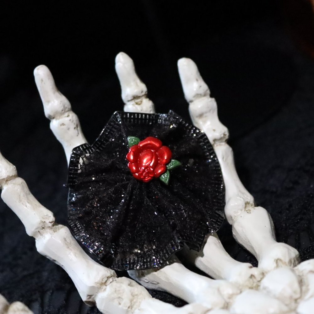 New! Halloween Black Pinwheel Red Rose Hair Clip - Hand Crafted